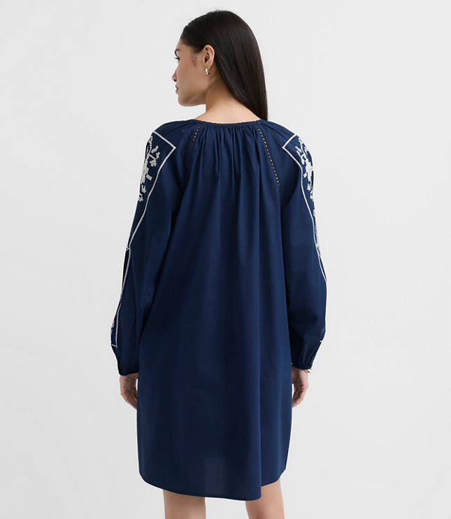 Floral Embroidered Split Neck Mini Pocket Dress