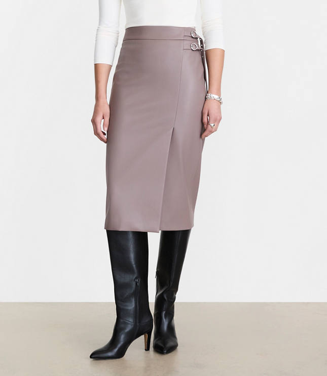 LOFT Versa Faux Leather Buckle Trim Midi Skirt