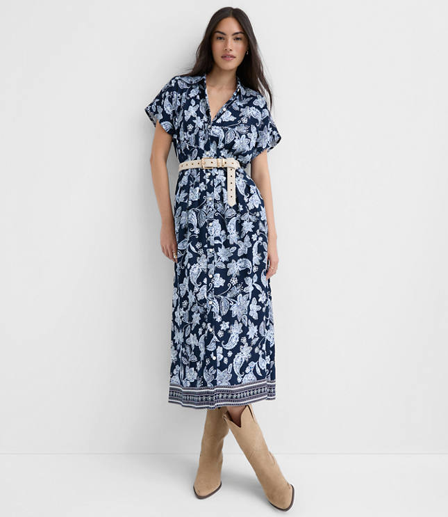 Paisley Pleated Midi Pocket Shirtdress