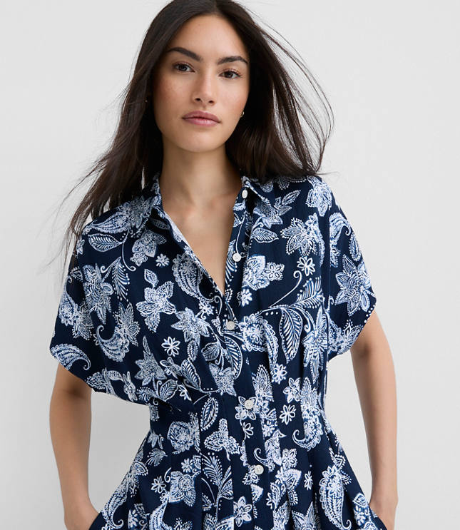 Paisley Pleated Midi Pocket Shirtdress