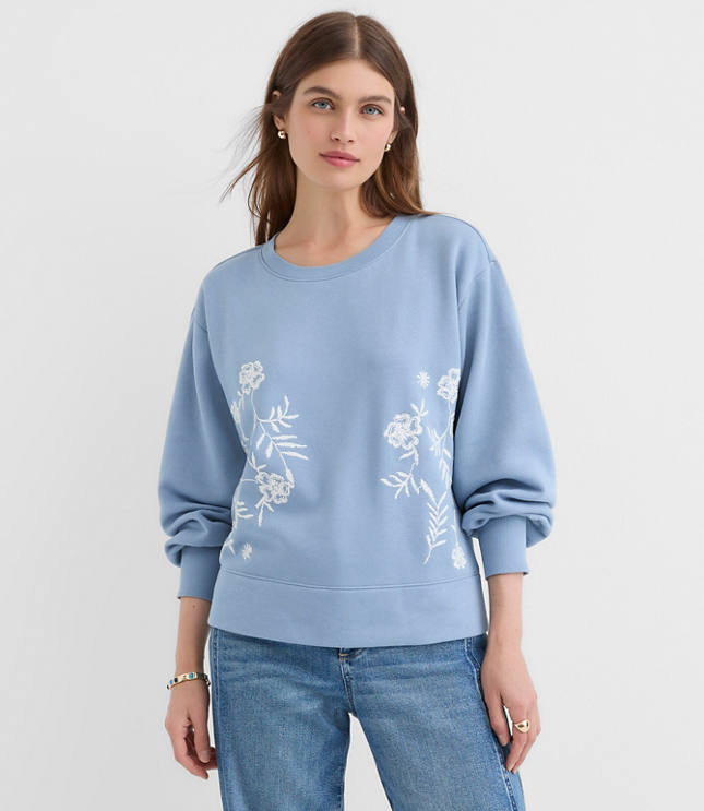 Floral Embroidered Terry Puff Sleeve Sweatshirt