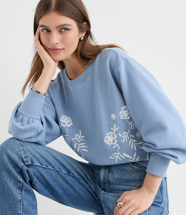 Floral Embroidered Terry Puff Sleeve Sweatshirt