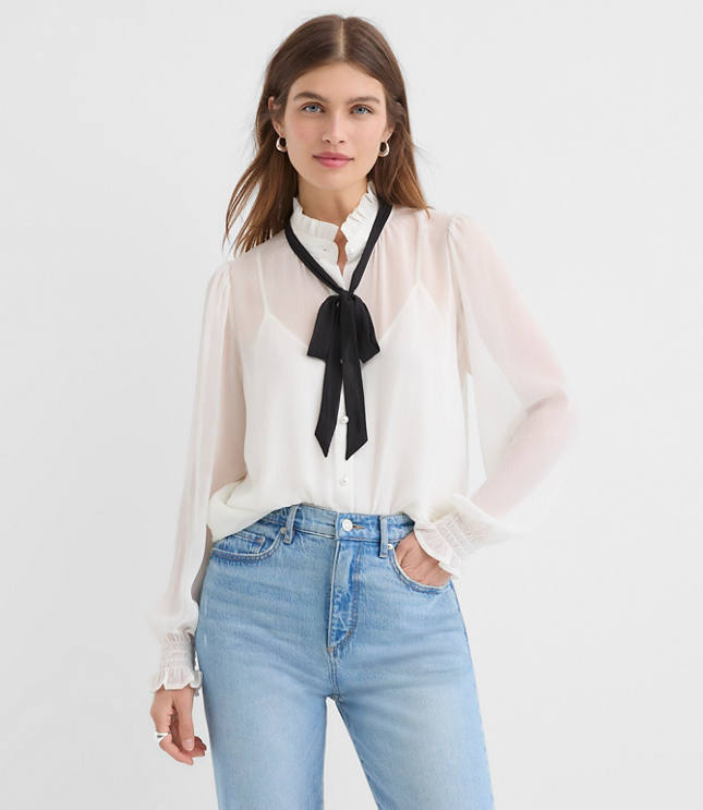 Petite Pearlized Button Ruffle Bow Blouse