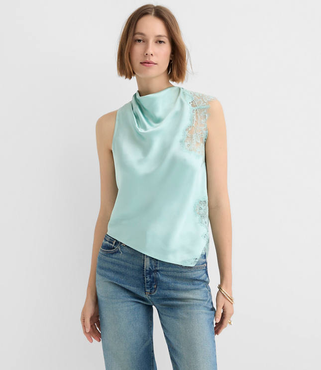 Petite Lace Trim Satin Sleeveless Top