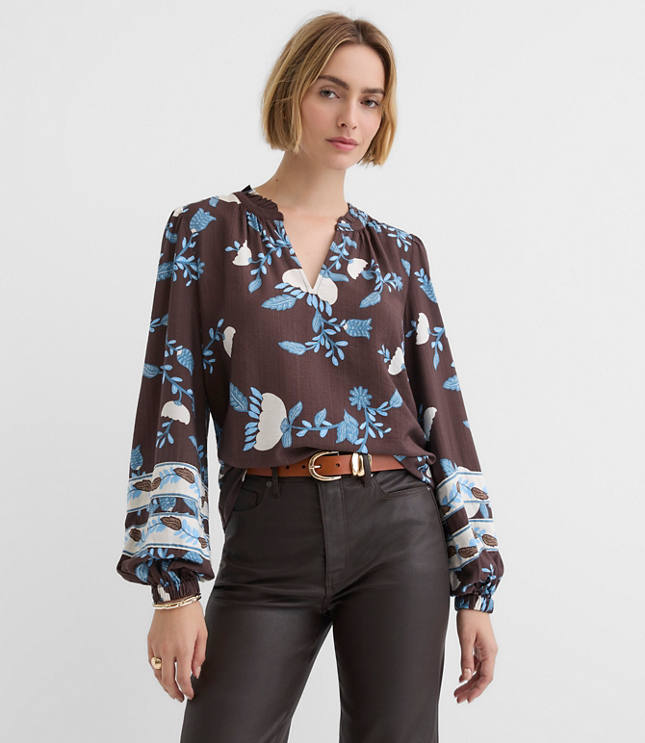 Petite Garden Ruffle Split Neck Blouse