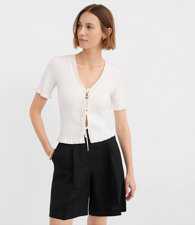 Ruffle Pointelle Bow Cardigan