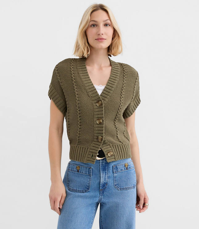 Pointelle Textured Short Sleeve Cardigan