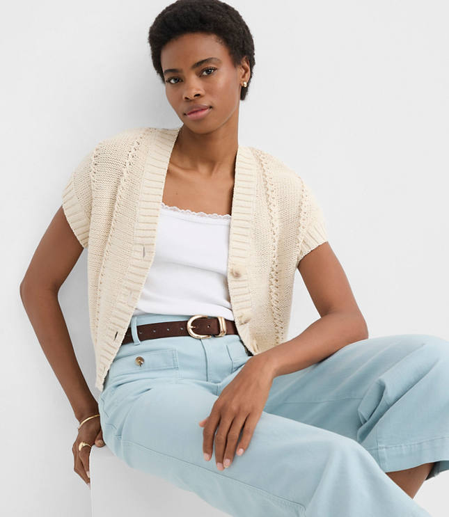 Pointelle Textured Short Sleeve Cardigan