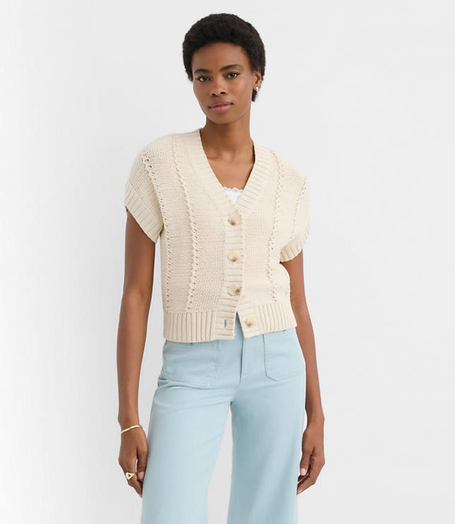 Pointelle Textured Short Sleeve Cardigan