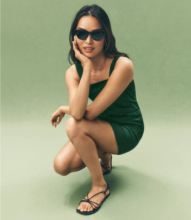 Pleated Stretch Poplin Square Neck Mini Dress