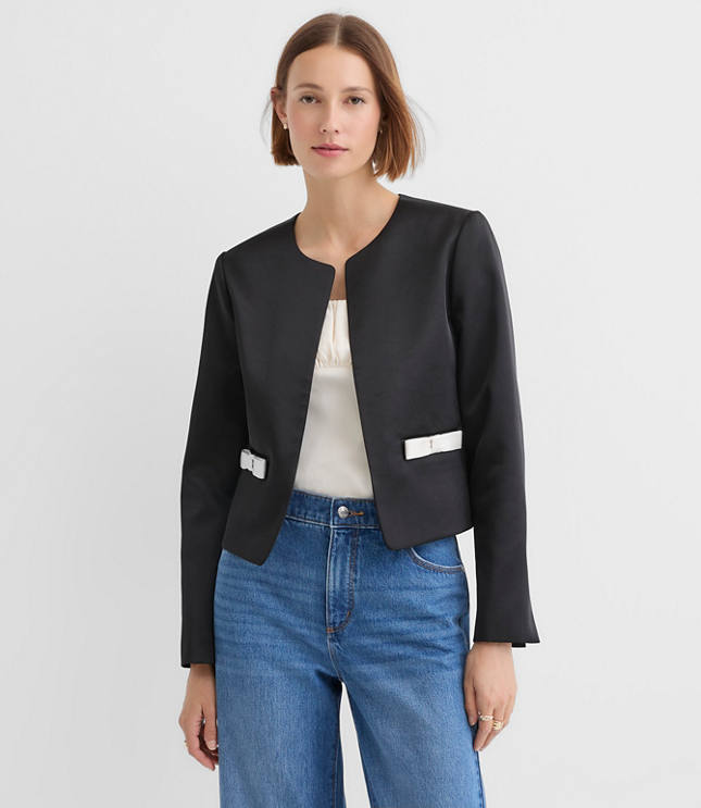 Tall Satin Bow Pocket Collarless Jacket