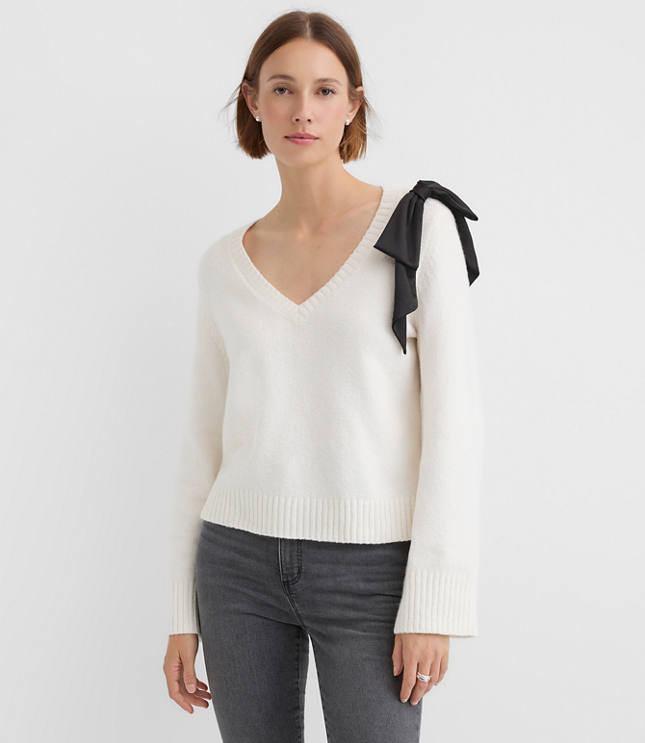 Petite Satin Bow Wide Sleeve Sweater