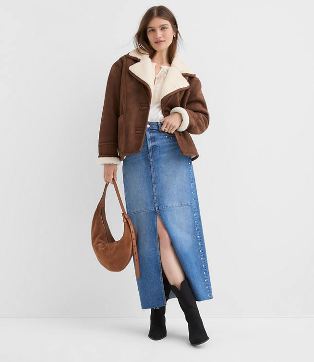 Petite Studded Denim Maxi Skirt in Classic Mid Wash