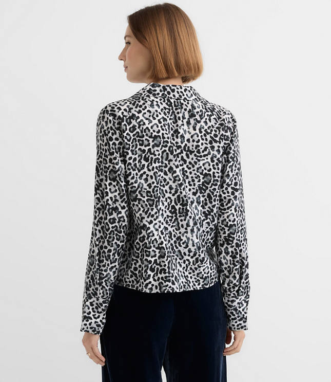 Petite Leopard Print Slit Cuff Tie Neck Blouse
