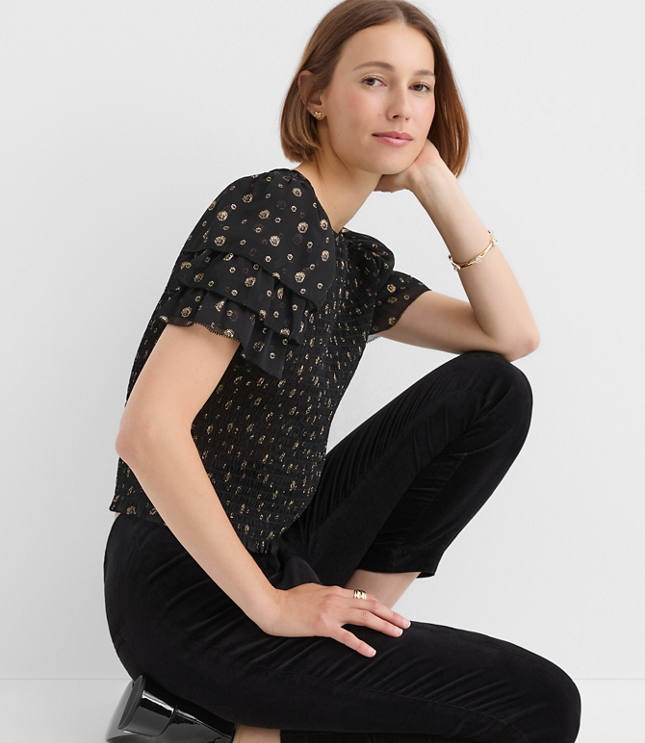 Petite Shimmer Dot Smocked Ruffle Top