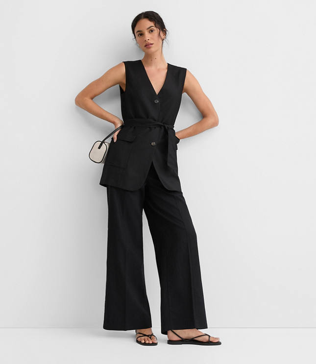 Linen Blend Belted Pocket Vest
