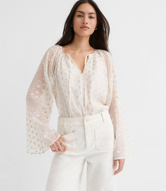 Petite Shimmer Clip Flare Sleeve Tie Neck Blouse