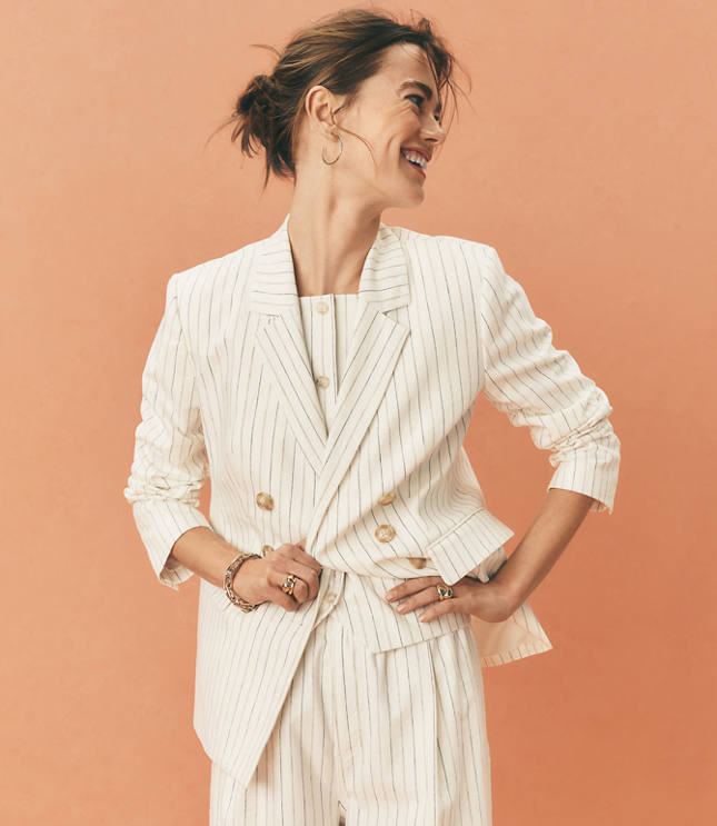 Pinstripe Cotton Linen Double Breasted Blazer