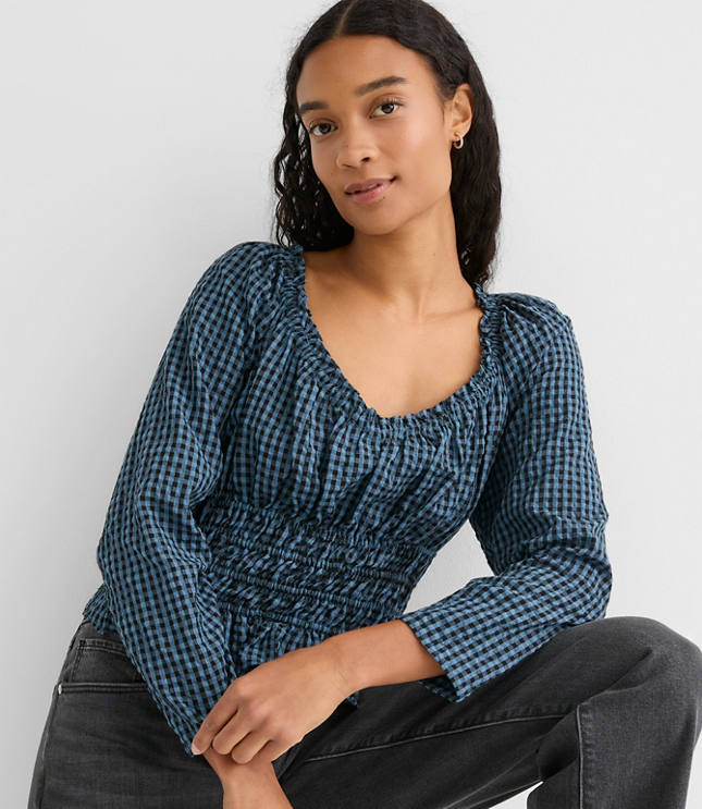 Petite Gingham Smocked Ruffle V-Neck Blouse