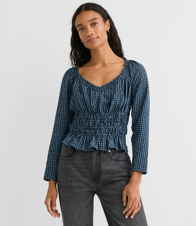 Petite Gingham Smocked Ruffle V-Neck Blouse
