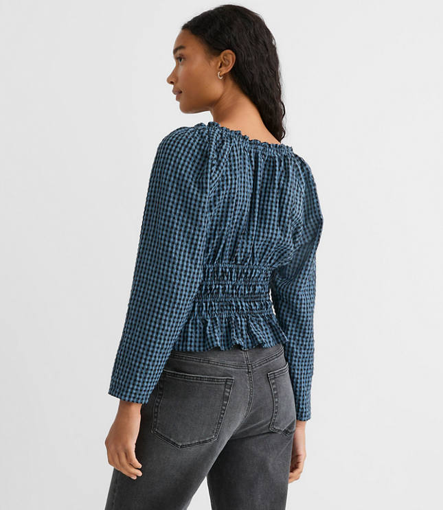Petite Gingham Smocked Ruffle V-Neck Blouse