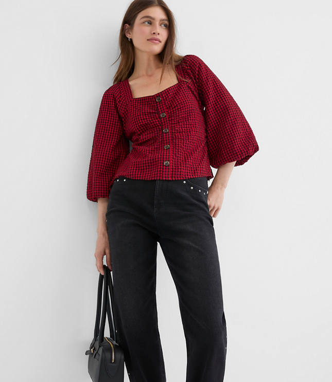 Petite Gingham Gathered Square Neck Top