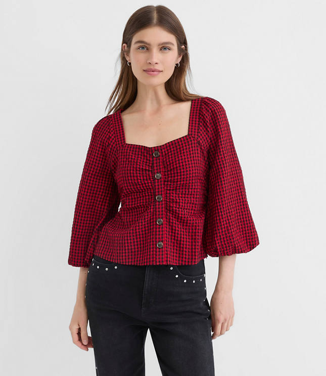 Petite Gingham Gathered Square Neck Top
