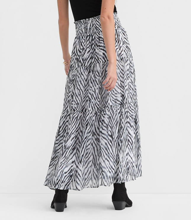 Zebra Print Ruffle Smocked Maxi Skirt