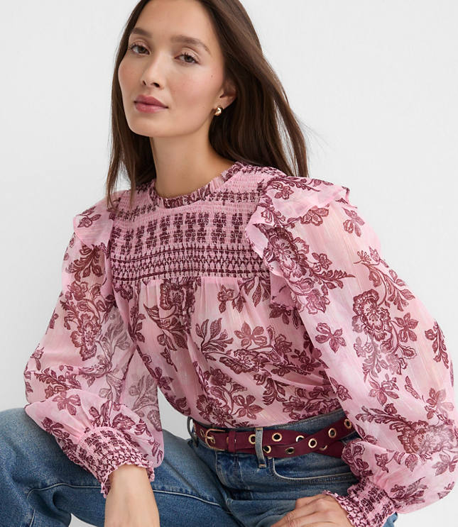 Petite Shimmer Floral Smocked Ruffle Blouse