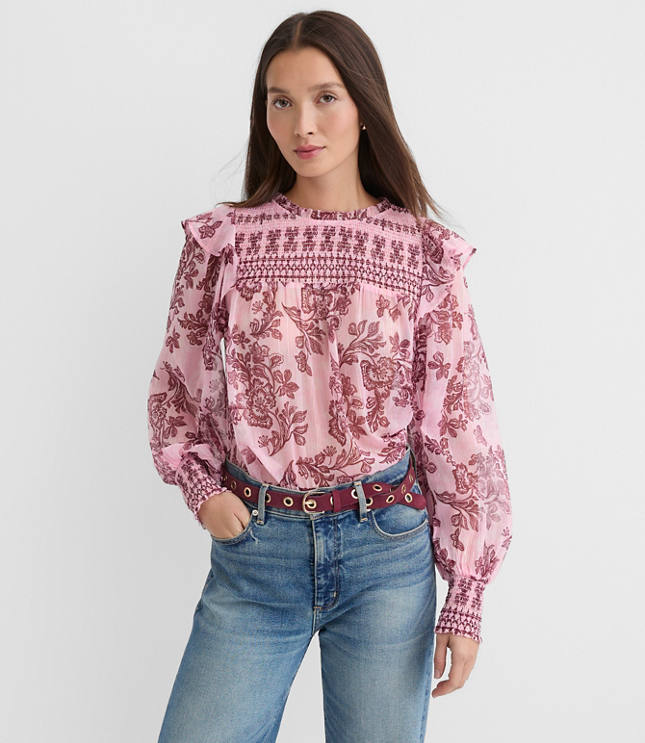 Petite Shimmer Floral Smocked Ruffle Blouse