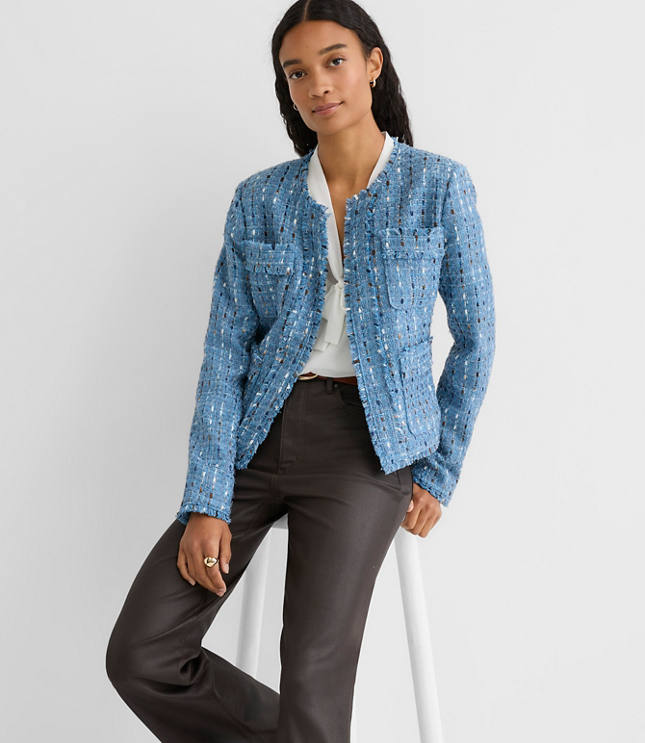 Tall Frayed Tweed Collarless Jacket
