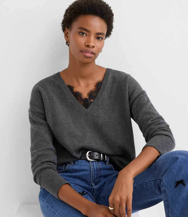 Petite Lace Trim Relaxed V-Neck Sweater