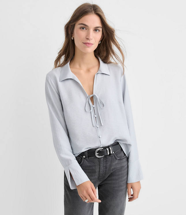 Petite Slit Cuff Tie Neck Blouse