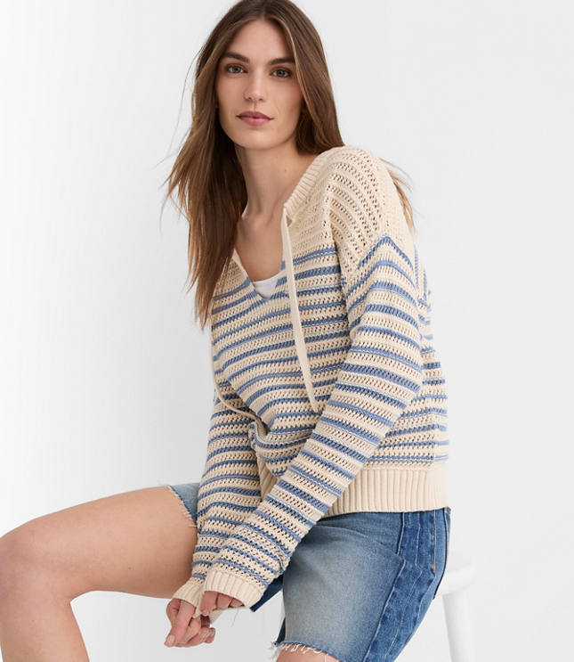 Striped Mesh Stitch Tie Neck Sweater