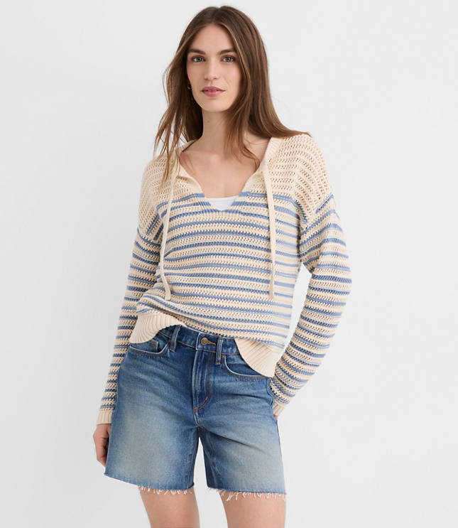 Striped Mesh Stitch Tie Neck Sweater