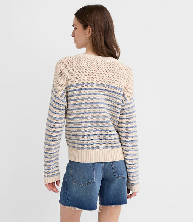 Striped Mesh Stitch Tie Neck Sweater