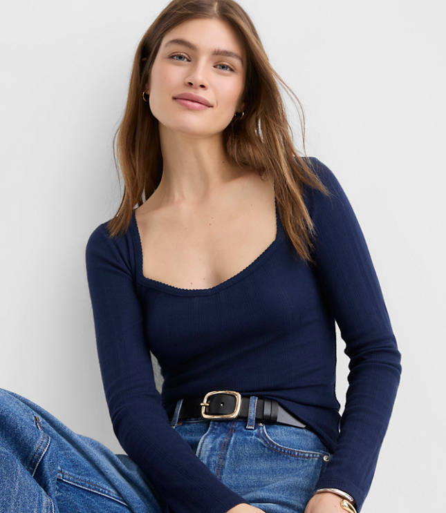 Ribbed Sweetheart Neck Long Sleeve Tee