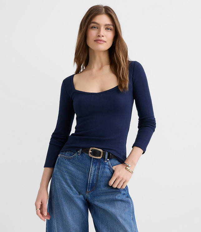 Ribbed Sweetheart Neck Long Sleeve Tee