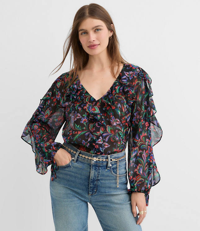 Petite Floral Ruffle Tie Cuff Blouse