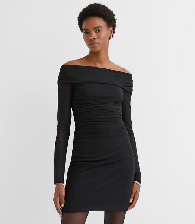 Petite Mesh Ruched Off The Shoulder Mini Dress