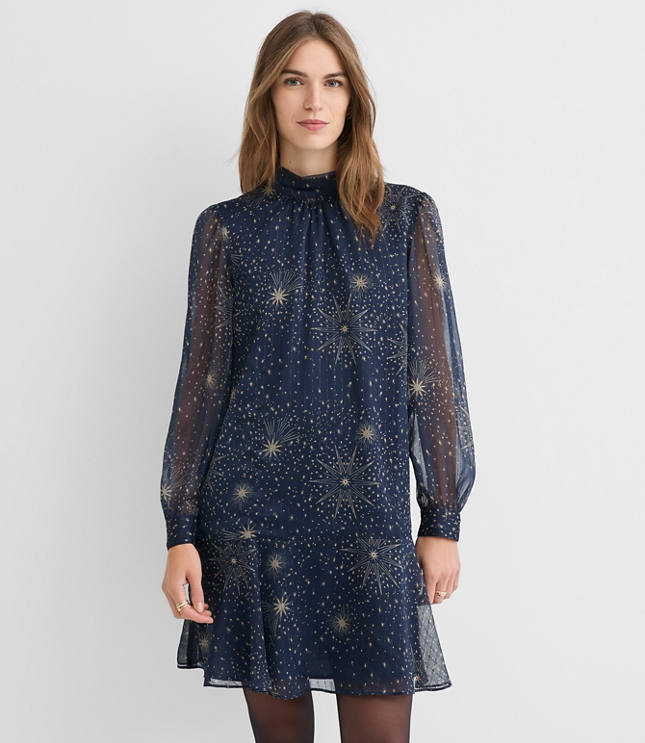 Petite Shimmer Stripe Tie Neck Mini Flounce Dress