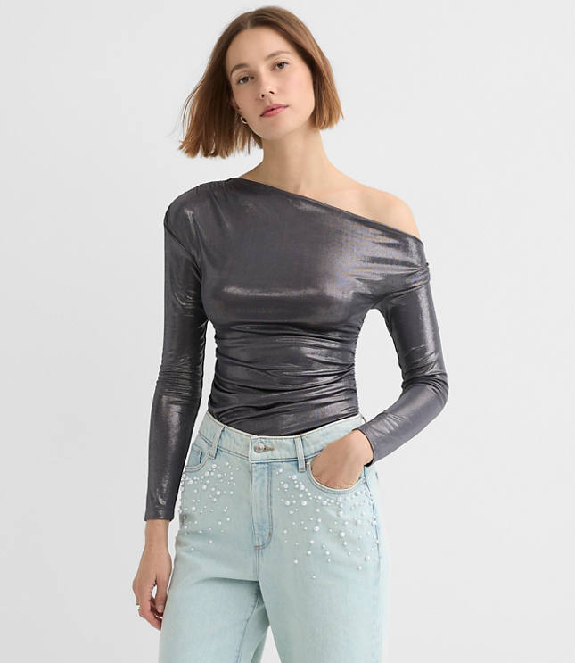 Petite Metallic Asymmetrical Ruched Off The Shoulder Top