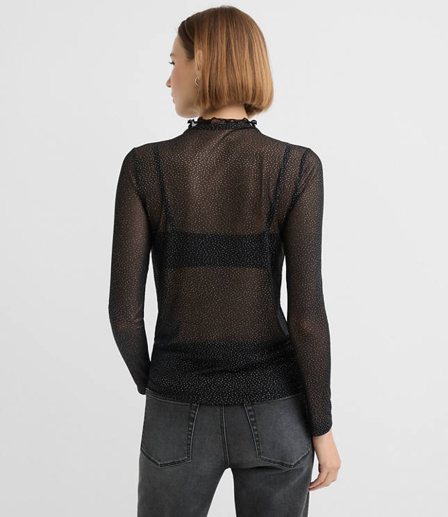 Petite Shimmer Dotted Mesh Ruffle Neck Top