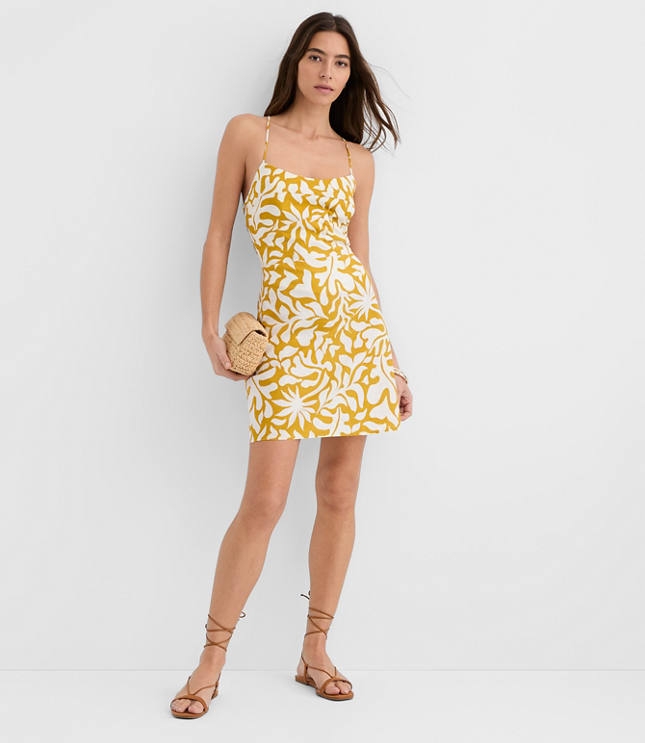 LOFT Beach Palm Linen Cotton Strappy Back Mini Dress