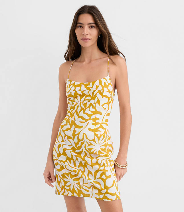 LOFT Beach Palm Linen Cotton Strappy Back Mini Dress