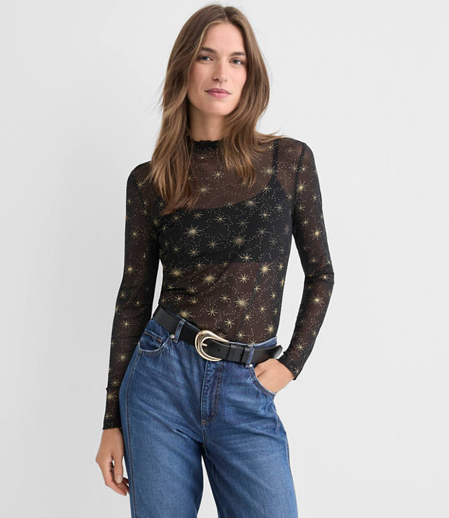 Petite Shimmer Celestial Mesh Ruffle Neck Top