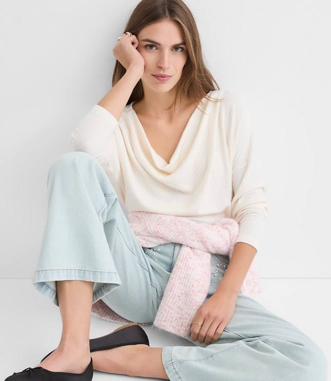 Petite Cozy Ribbed Cowl Neck Top