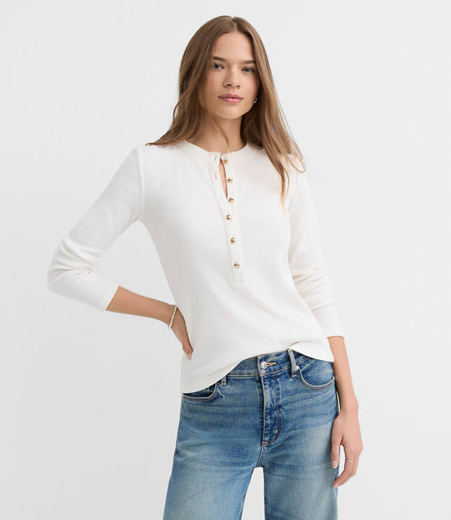 Petite Metallic Button Henley Top