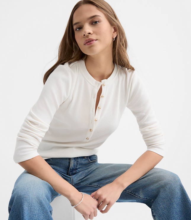 Petite Metallic Button Henley Top