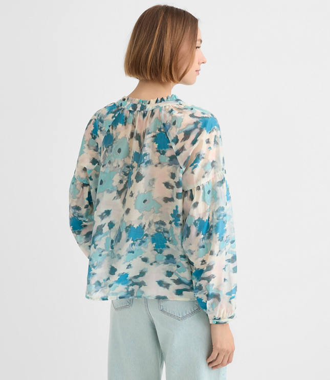 Floral Draped Sleeve Henley Blouse